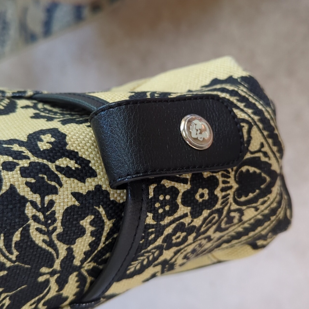 Spartina, Black and tan floral Paisley linen and leather shoulder bag. - Picture 6 of 13